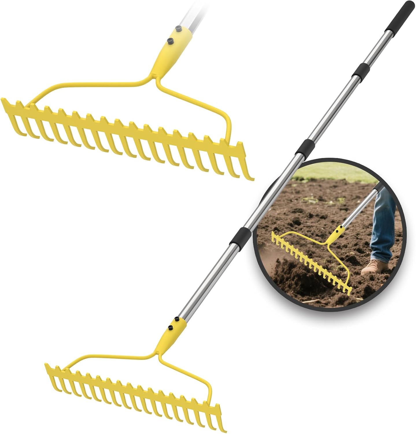 617-Dy5eHL._AC_SL1500_ Garden Rakes for Lawns Heavy Duty, 6 FT Bow Rake for Leaves, 17-Tines Metal Rake with Stainless Steel Handle for Yard Leveling, Landscape, Loosening Soil, Yellow - Image 1