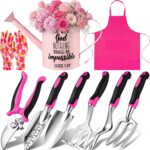 Blueweenly 9 Pcs Garden Tools Set Gardening Gifts for Women Include 6 Heavy Duty Garden Hand Tools 1. 6L Christian Galvanized Metal Watering Can Apron Gloves Ideal Gifts for Women Mom Grandma(Pink)