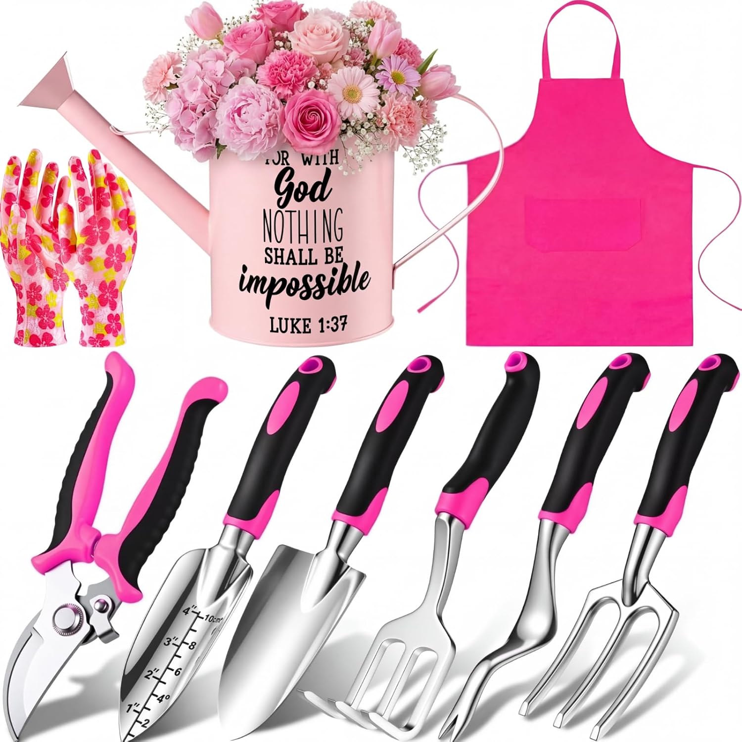 71CDhjNgCGL._AC_SL1500_ Blueweenly 9 Pcs Garden Tools Set Gardening Gifts for Women Include 6 Heavy Duty Garden Hand Tools 1. 6L Christian Galvanized Metal Watering Can Apron Gloves Ideal Gifts for Women Mom Grandma(Pink) - Image 1