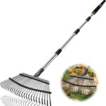 Garden Leaf Rakes, 6FT Rakes for Lawns Heavy Duty 25 Metal Tines 18.5 inch Wide, Adjustable Steel Handle, Rakes for Leaves, Gathering Shrub, Grass, Flower Beds (Stainless Steel - Black)