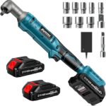 133Ft-lbs Cordless Ratchet Wrench 3/8" Set, 21V Electric Ratchet Wrench, 2250RPM Power Right Angle Wrench with 8 Sockets, 1/4" Adapter, 3" Extension Bar, 2× 2.0Ah Batteries & Charger