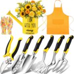 Blueweenly 9 Pcs Garden Tools Set Gardening Gifts for Women Include 6 Heavy Duty Garden Hand Tools 1. 6L Christian Galvanized Metal Watering Can Apron Gloves Ideal Gifts for Women Mom Grandma(Yellow)
