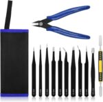 Ainiv precision tweezers set with 11 anti-static ESD coated tweezers and 1 cutter tool suitable for repairing electronics, jewellery, crafts, hobby, laboratory, eyelash application, etc.