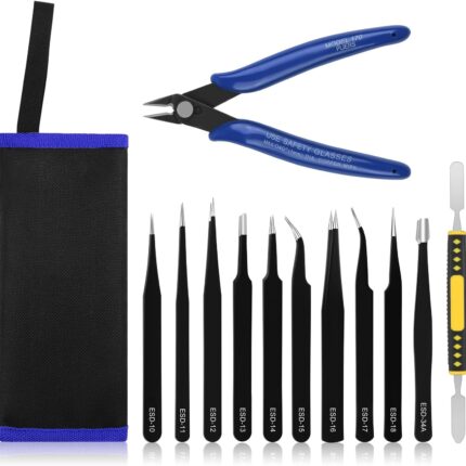 Ainiv precision tweezers set with 11 anti-static ESD coated tweezers and 1 cutter tool suitable for repairing electronics, jewellery, crafts, hobby, laboratory, eyelash application, etc.