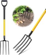 Pitch Fork, 4 Tine Heavy Duty Garden Fork with Ergonomic No-Slip D-Grip Handles, 45 Inches Long Handle Spading Fork, Perfect for Gardening Digging, Land Management, Yard work, Farming (Yellow)