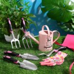 Blueweenly 9 Pcs Garden Tools Set Gardening Gifts for Women Include 6 Heavy Duty Garden Hand Tools 1. 6L Christian Galvanized Metal Watering Can Apron Gloves Ideal Gifts for Women Mom Grandma(Pink) - Image 6
