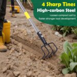 Garden Hand Tiller Cultivator, 4-Tine Adjustable Long Handle, Heavy Duty Weeding Tool for Raised Beds, Rust-Resistant Soil Loosener for Flower & Vegetable Gardens - Image 2