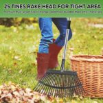 Garden Leaf Rakes, 6FT Rakes for Lawns Heavy Duty 25 Metal Tines 18.5 inch Wide, Adjustable Steel Handle, Rakes for Leaves, Gathering Shrub, Grass, Flower Beds (Stainless Steel - Black) - Image 2