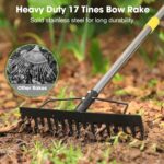 Heavy Duty Bow Rake 17 Tines Metal Garden Rake with Adjustable Handle for Leaves, Lawn, Soil, Sod - 35"-67" Telescopic Handle - Image 2