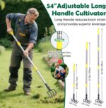 Garden Hand Tiller Cultivator, 4-Tine Adjustable Long Handle, Heavy Duty Weeding Tool for Raised Beds, Rust-Resistant Soil Loosener for Flower & Vegetable Gardens - Image 3