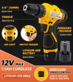 12V Drill Driver Power Tool Combo Kits with Cordless Drill, Professional Household Home Tool Kit Set, DIY Hand Tool Kits for Garden Office House Repair Yellow - Image 3